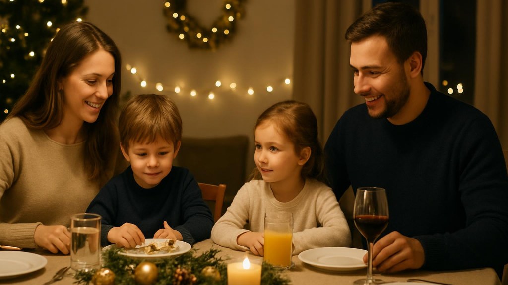 Famiglia con bambini in ambiente accogliente per Capodanno
