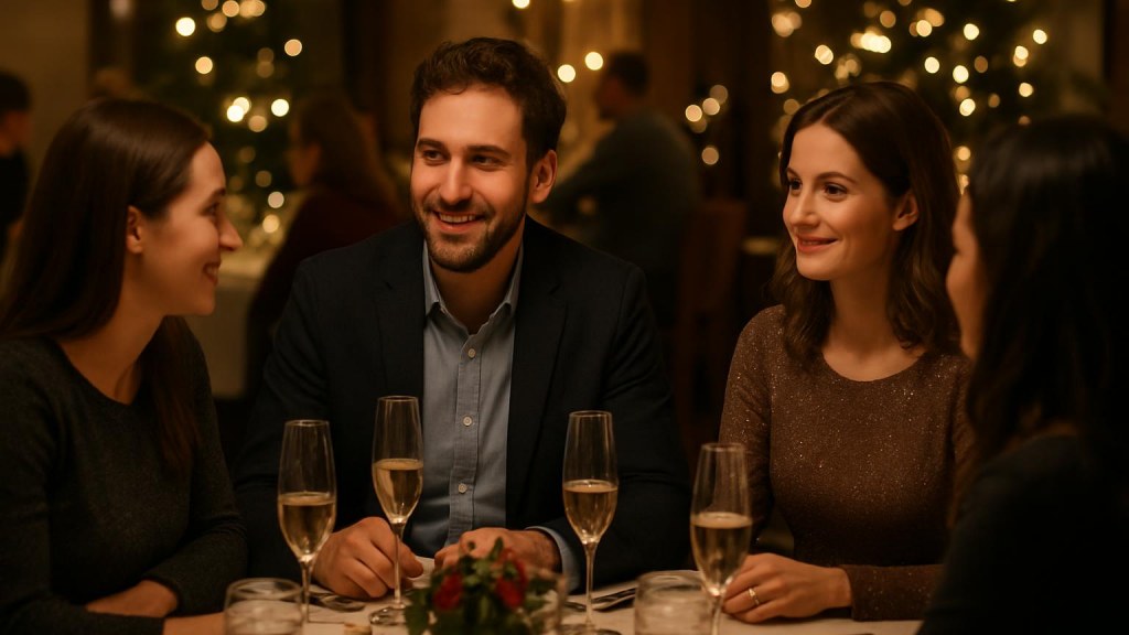 Gruppo di adulti in contesto conviviale per Capodanno